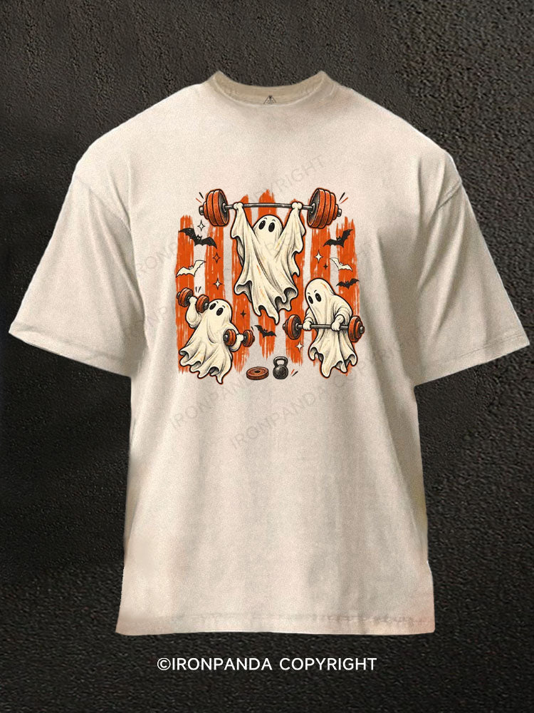 Weightlifting Ghost Spooky Workout Washed Gym Shirt