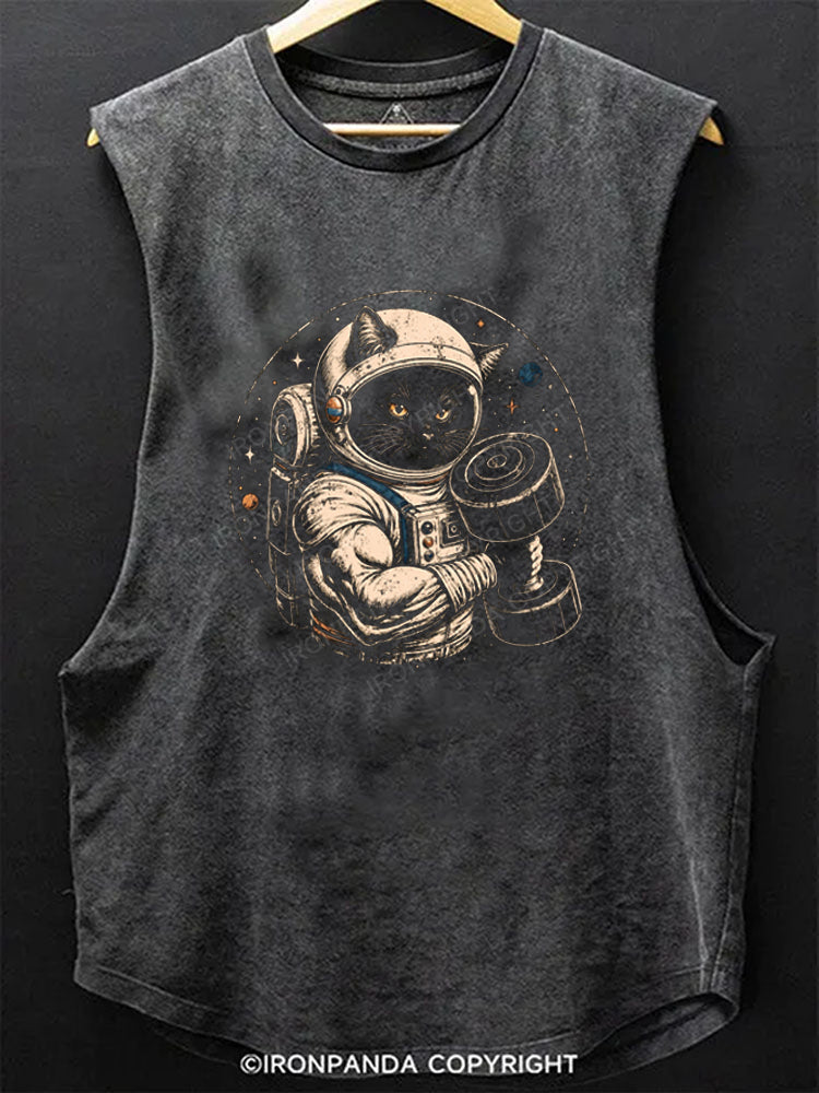 Black Cat Astronaut Lifting Weights Scoop Bottom Cotton Tank