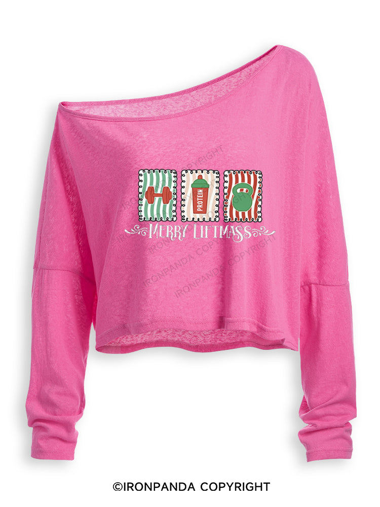 MERRY LIFTMASS CHRISTMAS WORKOUT Off Shoulder Long Sleeve Crop Top