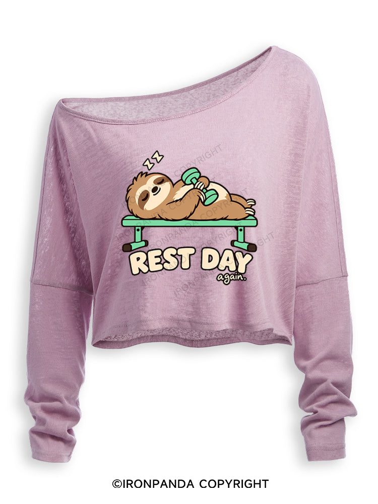 Rest Day Again Lazy Sloth Off Shoulder Long Sleeve Crop Top