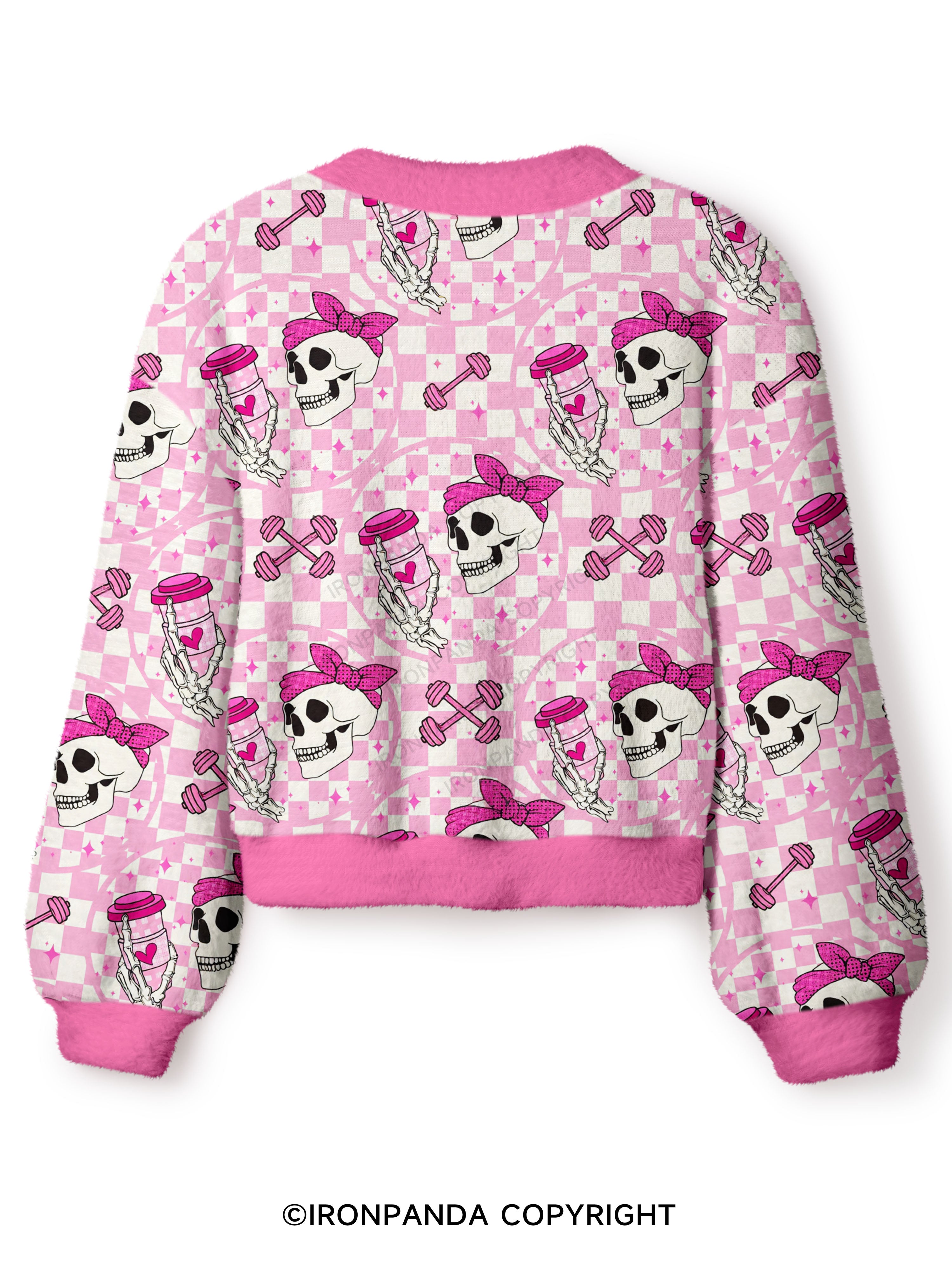 Pink Check Gym Skull Crop Ugly Cardigan Sweater