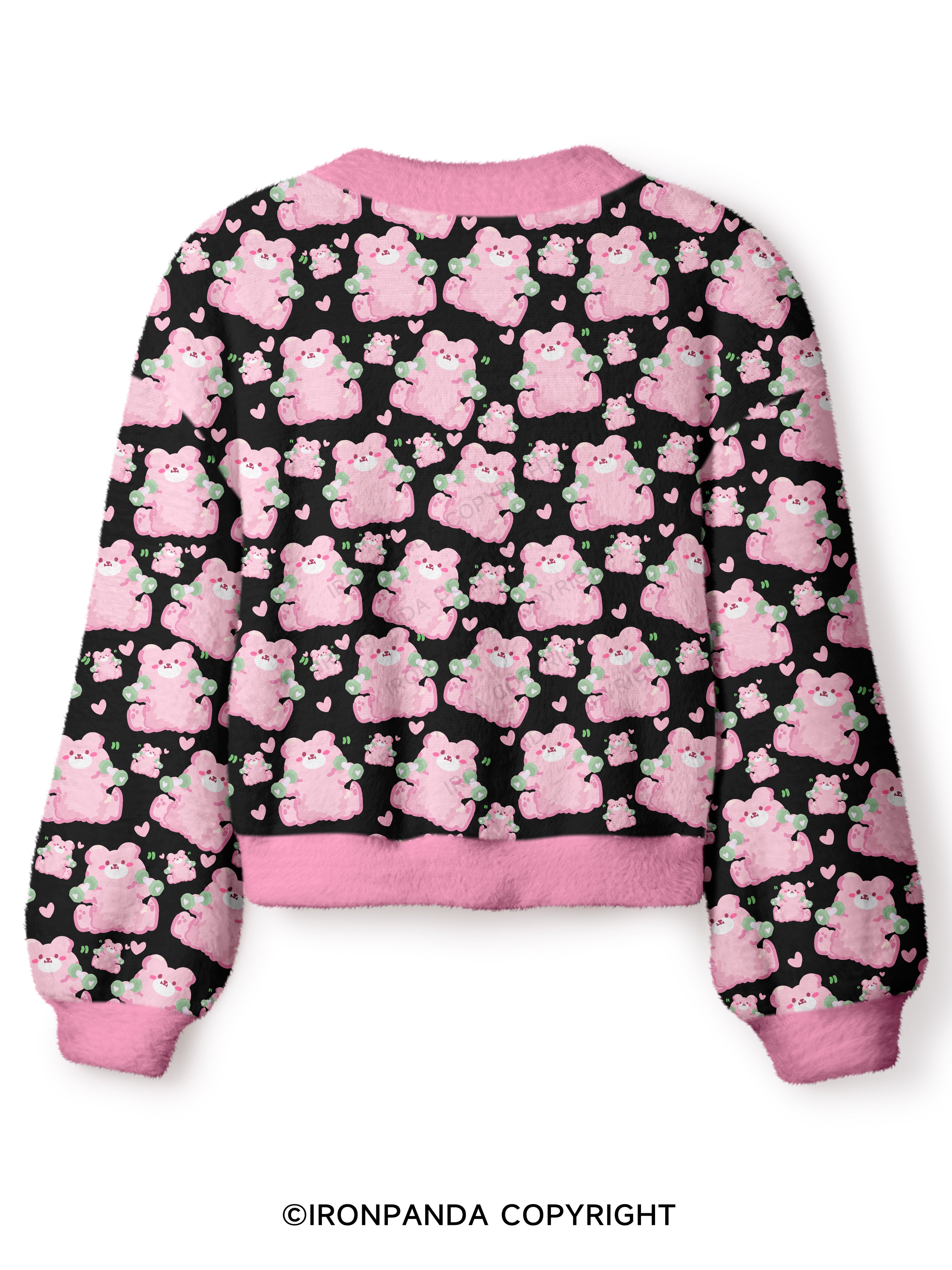 Pink Workout Bears Crop Ugly Cardigan Sweater