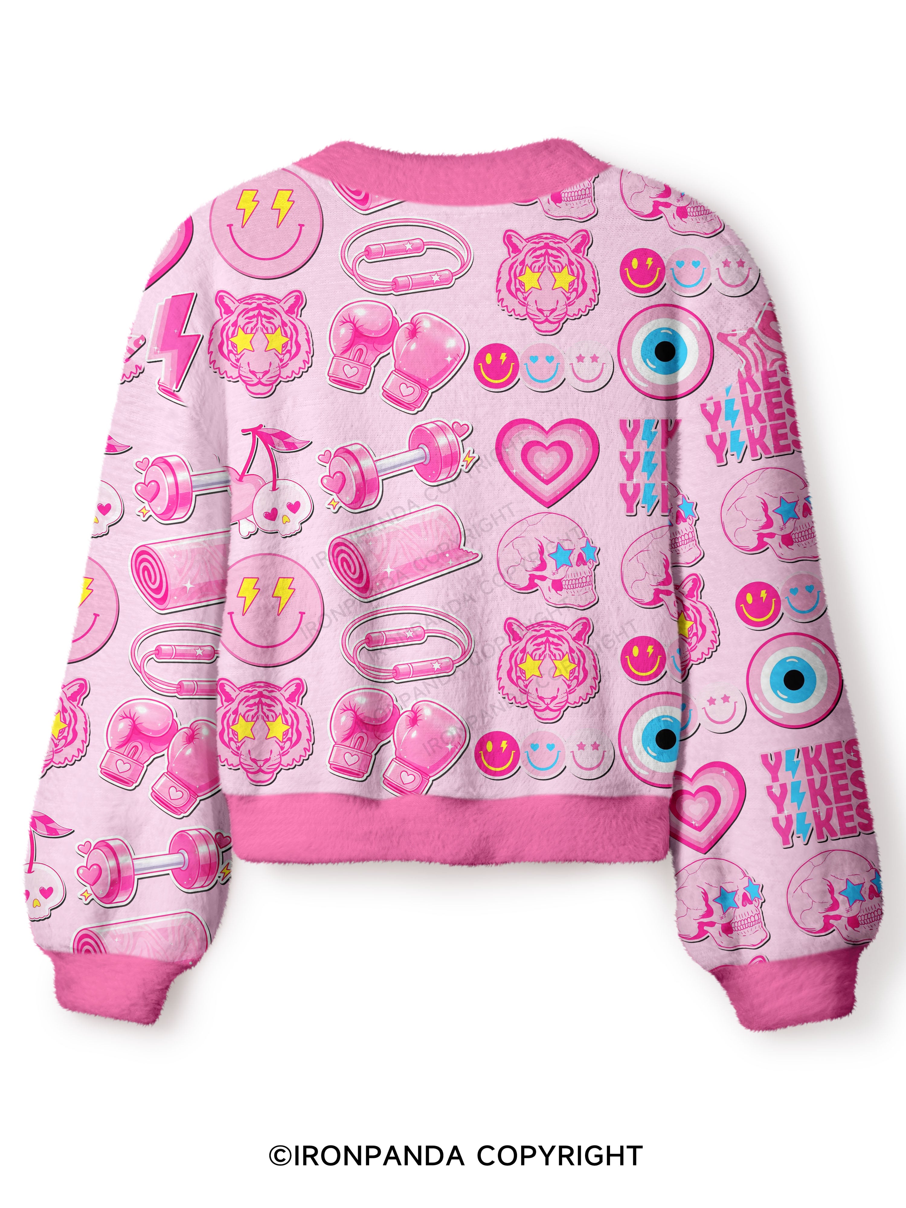 Pink Gym Sticker Bomb Crop Ugly Cardigan Sweater
