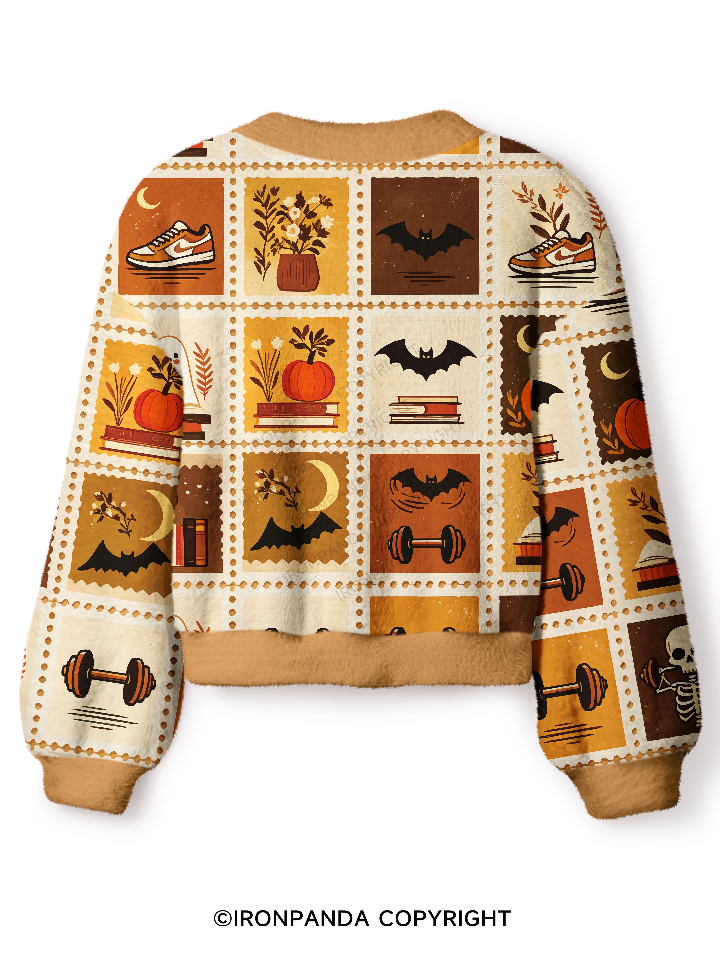 Halloween Fall Fitness Grid Print Crop Ugly Cardigan Sweater