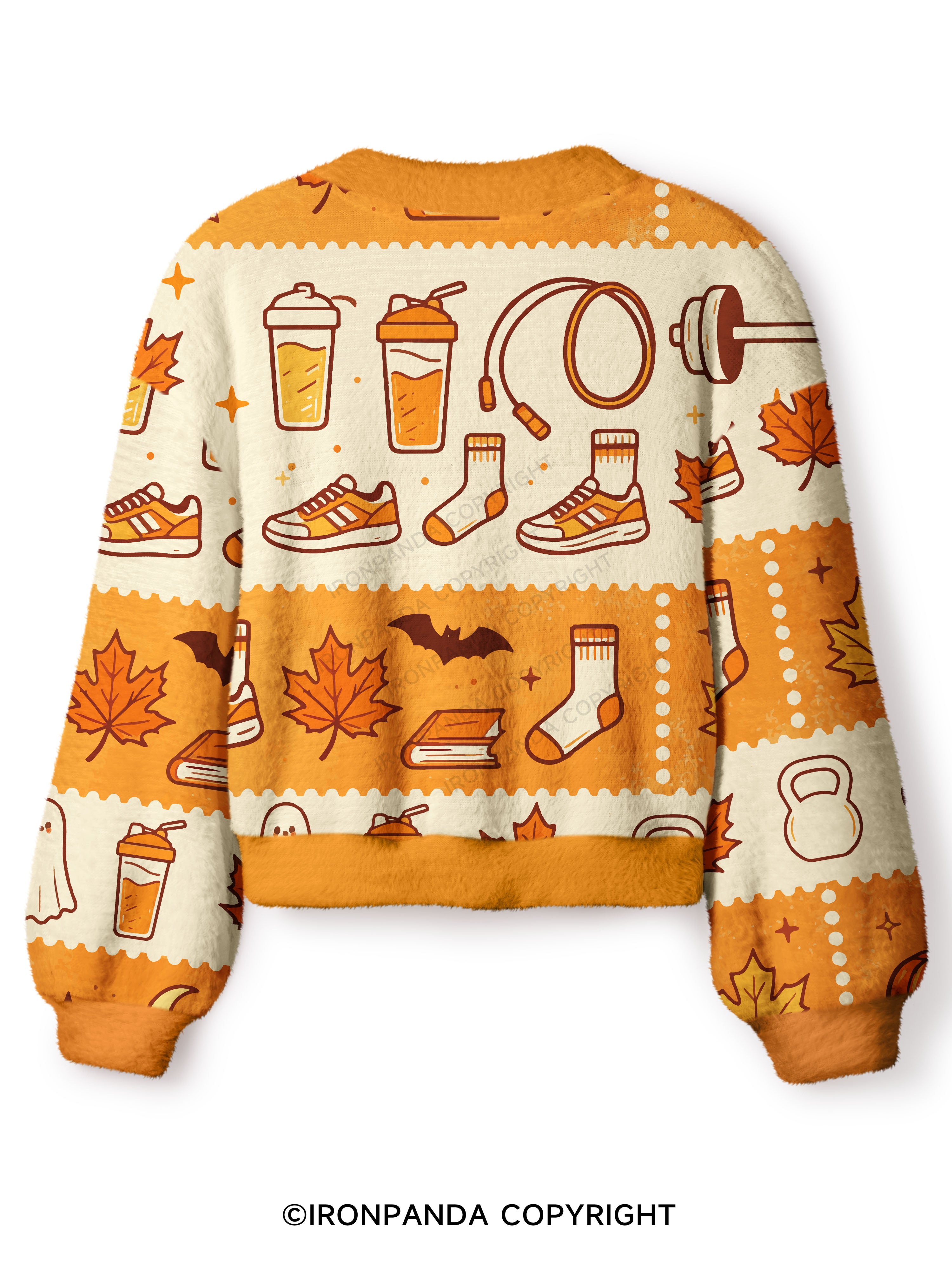 Fall Gym Ghost Pattern Print Crop Ugly Cardigan Sweater