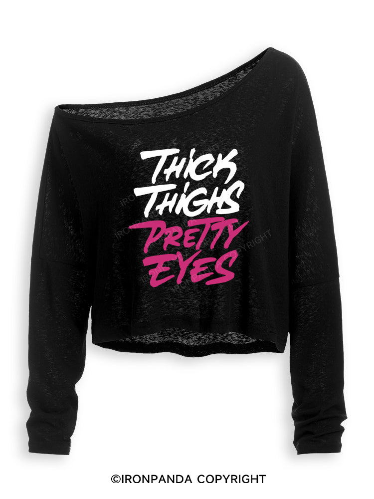 THICK THIGHS PRETTY EYES Off Shoulder Long Sleeve Crop Top