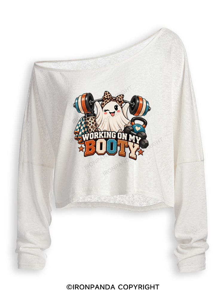 WORKING ON MY BOOTY STRONG PRETTY GHOST Off Shoulder Long Sleeve Crop Top