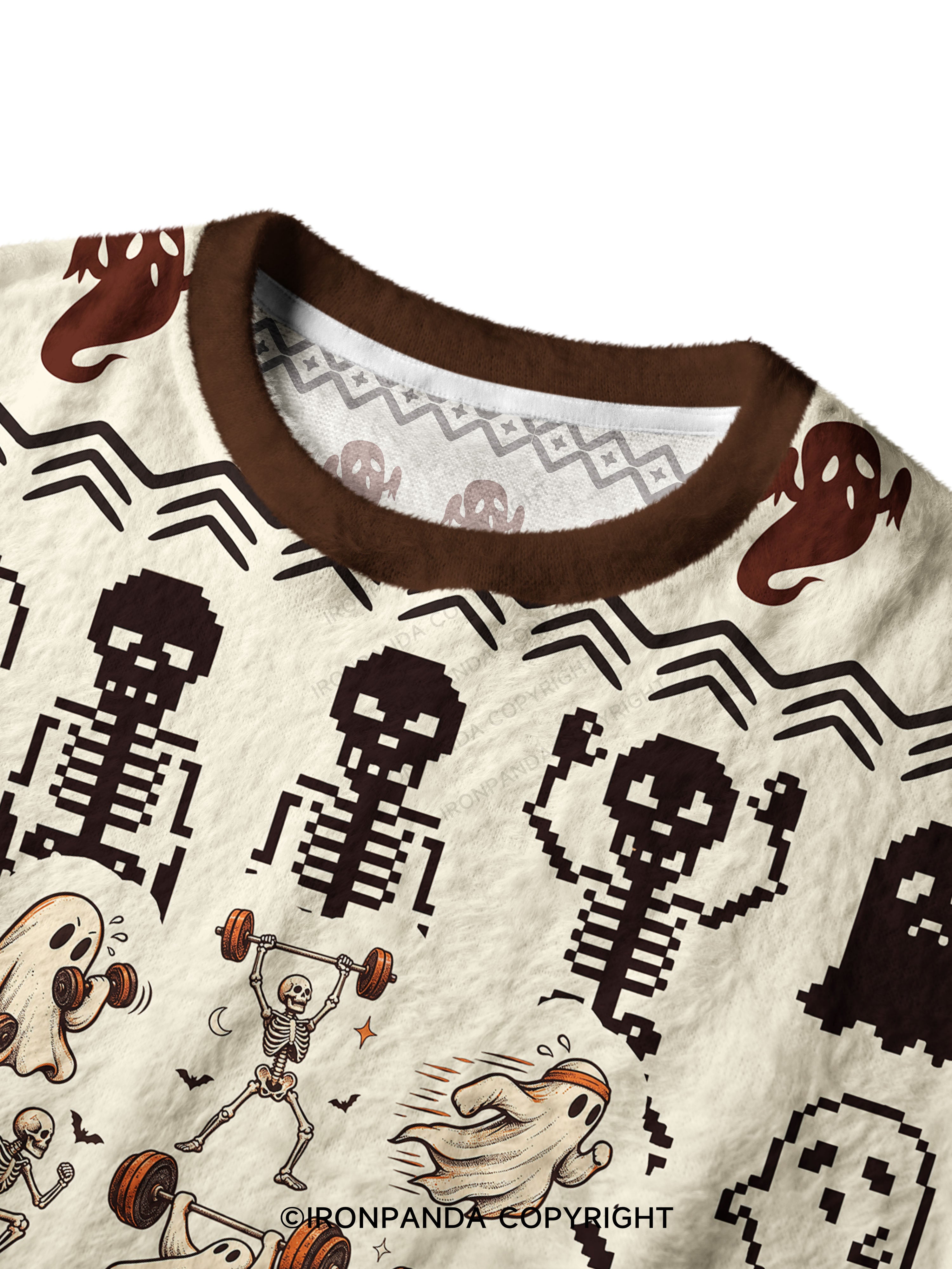 Ghost and Skeleton Workout Spooky Exercise Ugly Fuzzy Fleece Sweater