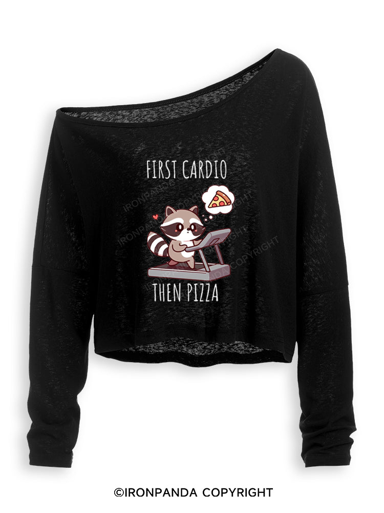 FIRST CARDIO THEN PIZZA CHEAT DAY RACCOON Off Shoulder Long Sleeve Crop Top