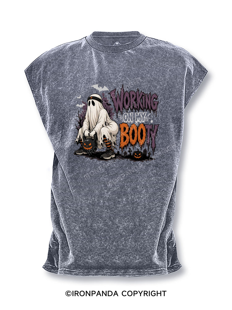 WORKING ON MY BOOTY Funny Sarcastic Ghost Cut Off Tank