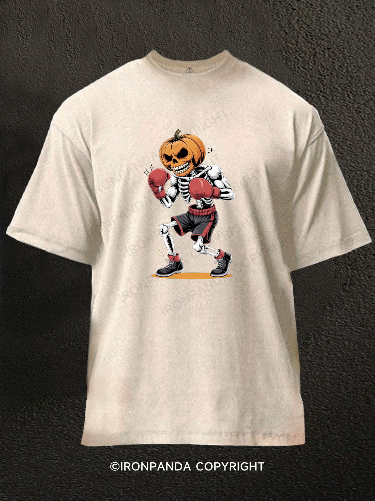 Halloween Boxing Skeleton with Pumpkin Washed Gym Shirt