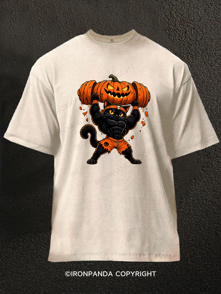 Halloween Black Cat Lifting Pumpkin Washed Gym Shirt