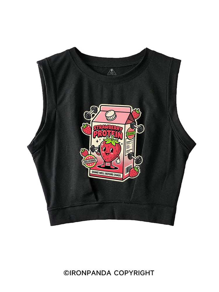 STRAWBERRY PROTEIN SHAKE WELL BEFORE CHAOS SLEEVELESS CROP TOPS