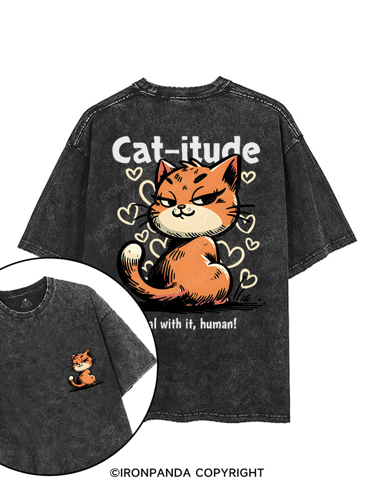 CAT-ITUDE DEAL WITH IT, HUMAN! printed Gym Shirt
