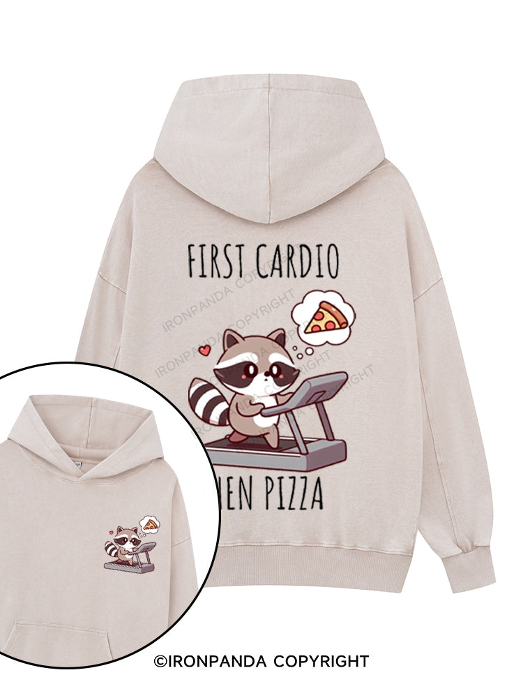 FIRST CARDIO THEN PIZZA CHEAT DAY RACCOON Printed Washed Gym Hoodie