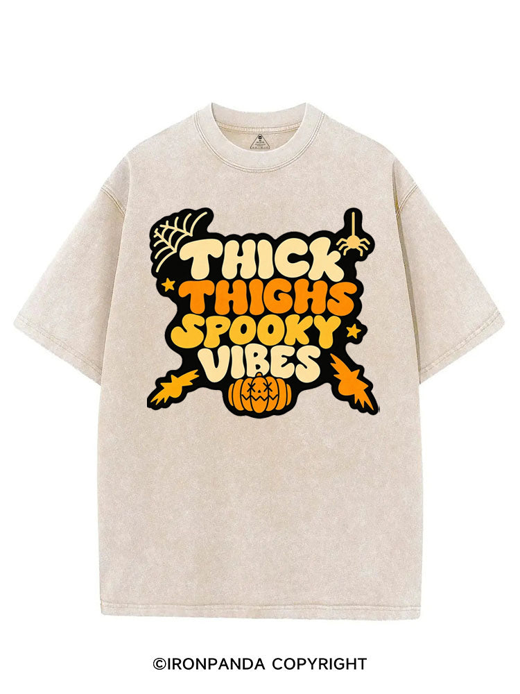 THICK THIGHS SPOOKY VIBES PUMPKIN HALLOWEEN VINTAGE GYM SHIRT