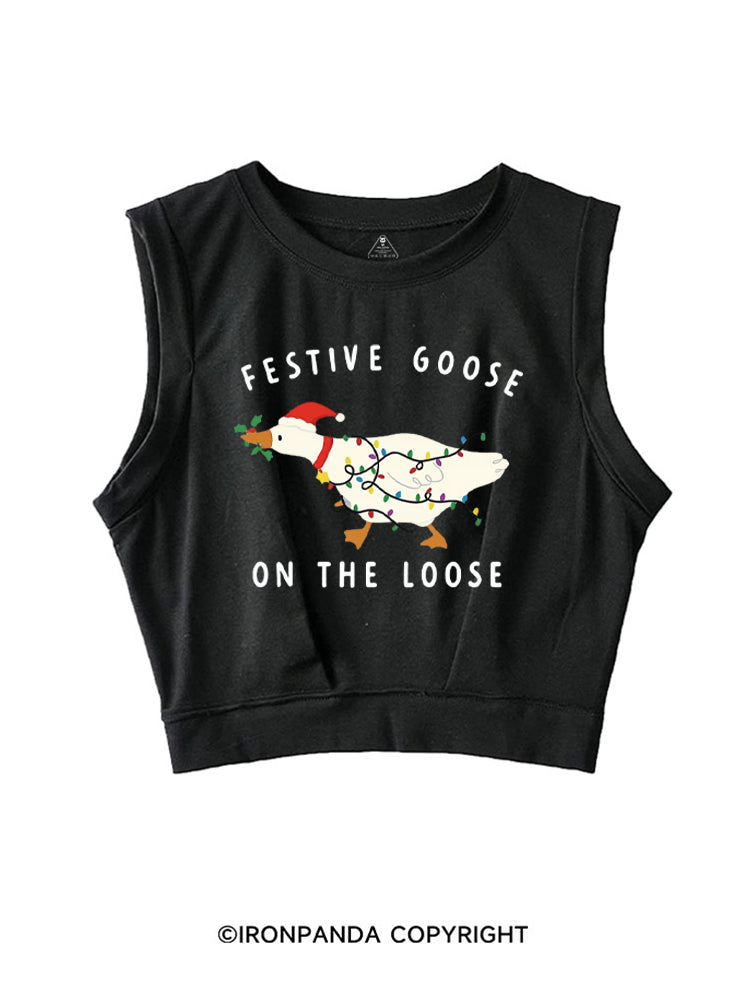 Festive Goose On The Loose Christmas Funny SLEEVELESS CROP TOPS