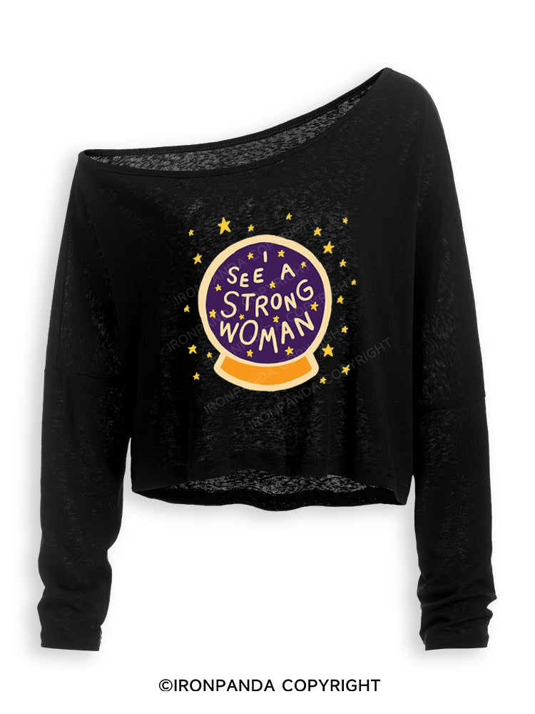 I see a strong woman Crystal Ball Off Shoulder Long Sleeve Crop Top