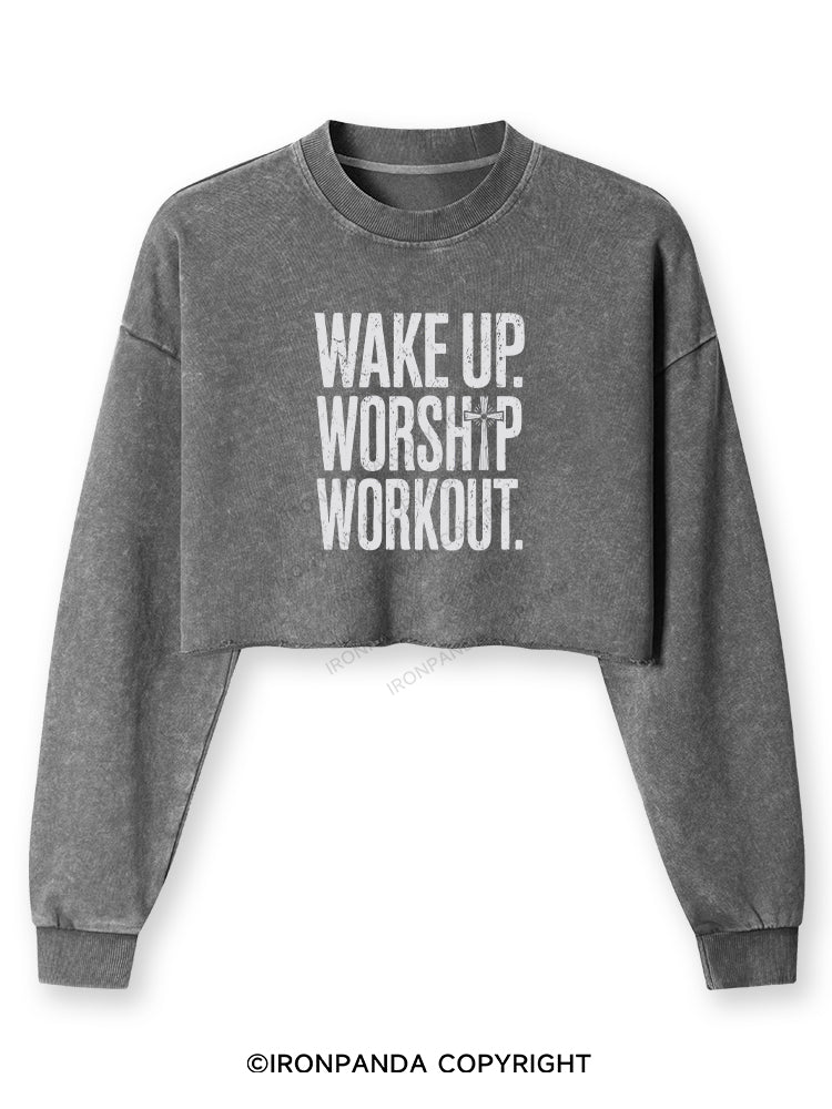 WAKE UP WORSHIP WORKOUT JESUS Washed Long-Sleeve Crop Top