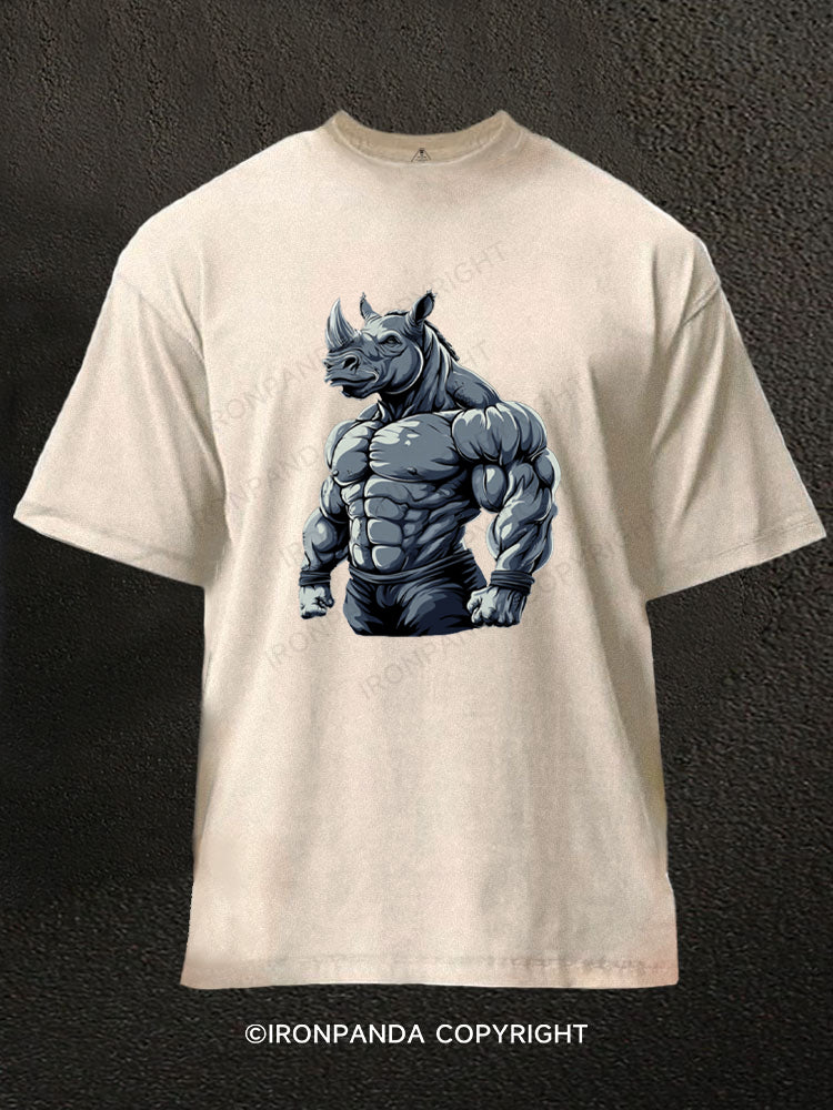 Muscular Rhino Bodybuilder Washed Gym Shirt