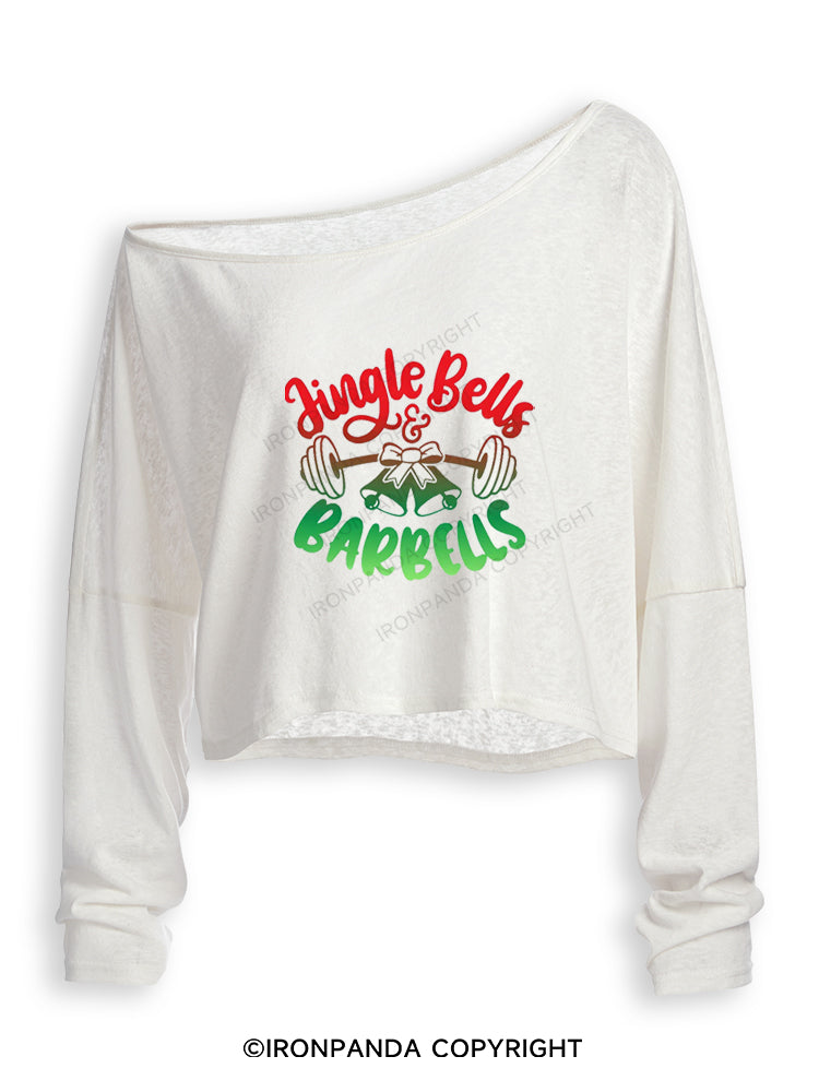 JINGLE BELLS & BARBELLS Off Shoulder Long Sleeve Crop Top