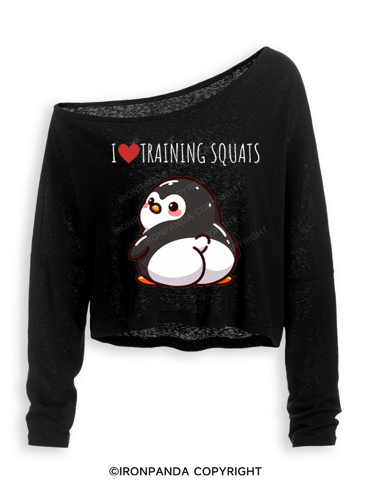I ❤ TRAINING SQUATS PENGUIN Off Shoulder Long Sleeve Crop Top