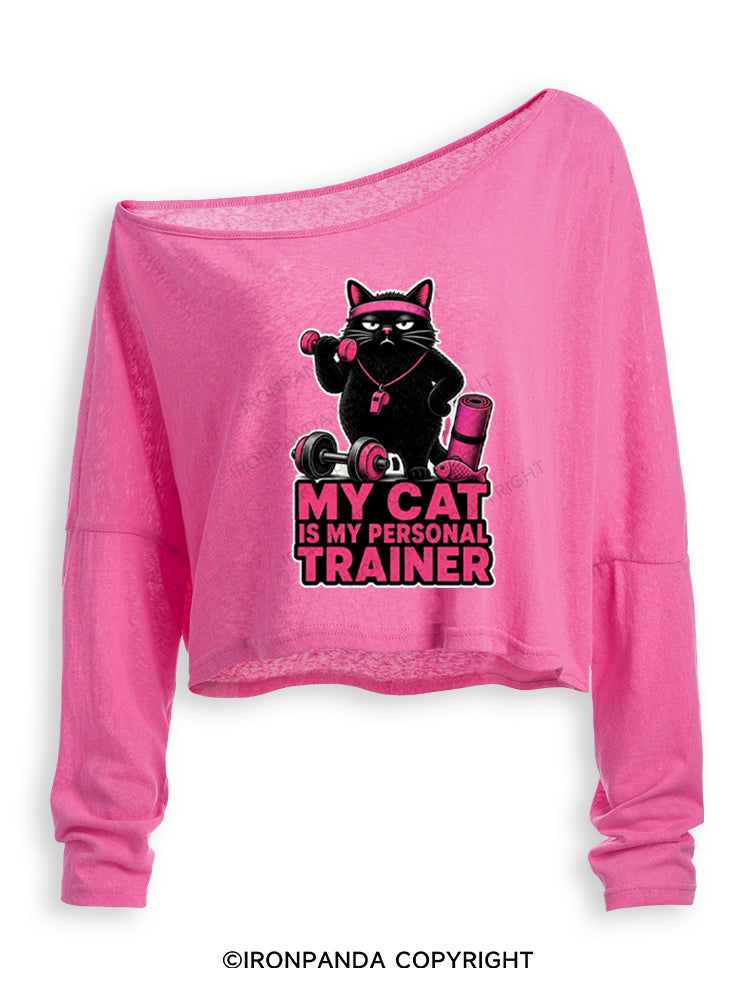 My Cat Is My Personal Trainer Off Shoulder Long Sleeve Crop Top