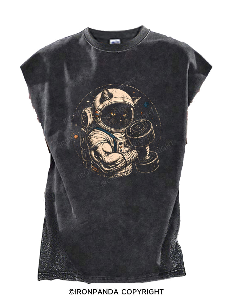 Black Cat Astronaut Lifting Weights Cut Off Tank