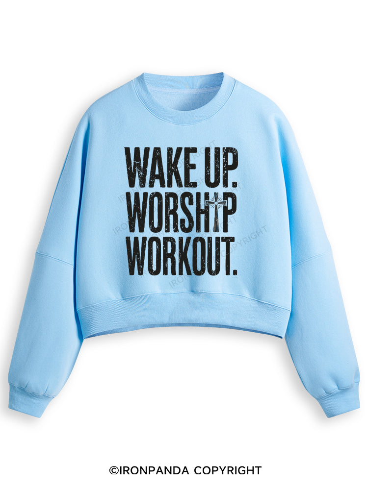 WAKE UP WORSHIP WORKOUT JESUS Fleece Crop Sweatshirt