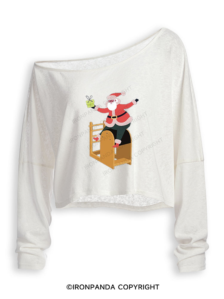 CHRISTMAS SANTA CLAUS PILATES Off Shoulder Long Sleeve Crop Top