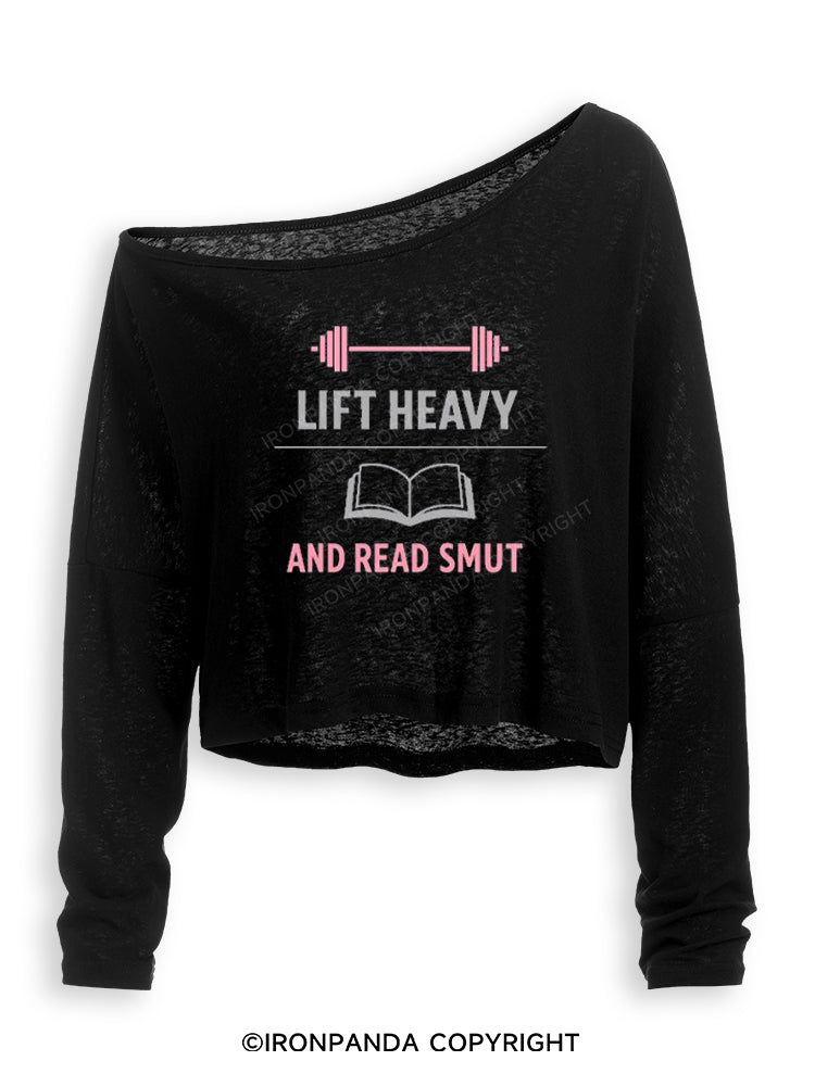 LIFT HEAVY AND READ SMUT BOOKISH LIFTER Off Shoulder Long Sleeve Crop Top