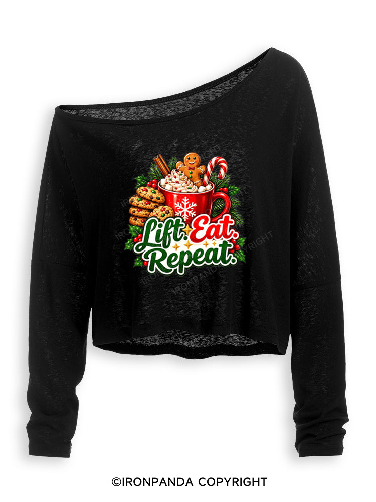 LIFT EAT REPEAT HOT COCOA & COOKIES Off Shoulder Long Sleeve Crop Top