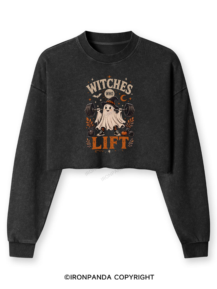 WITCHES WHO LIFT GHOST HALLOWEEN Washed Long-Sleeve Crop Top