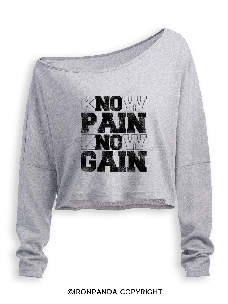 KNOW PAIN KNOW GAIN Off Shoulder Long Sleeve Crop Top