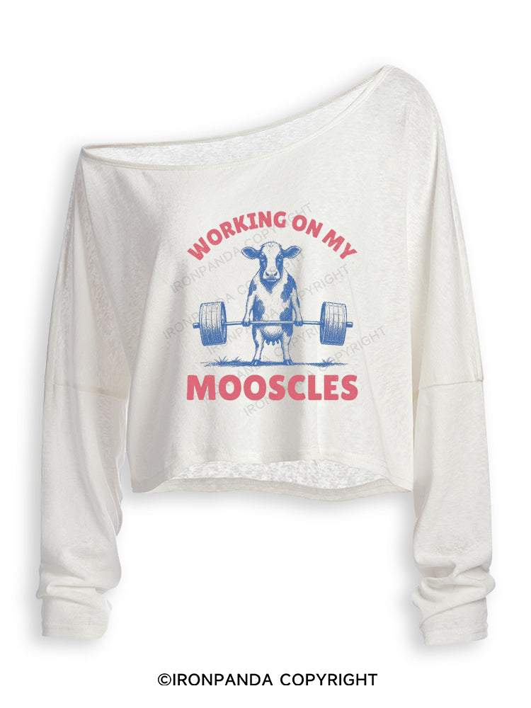 Working On My Mooscles Cow Funny Weightlifting Off Shoulder Long Sleeve Crop Top