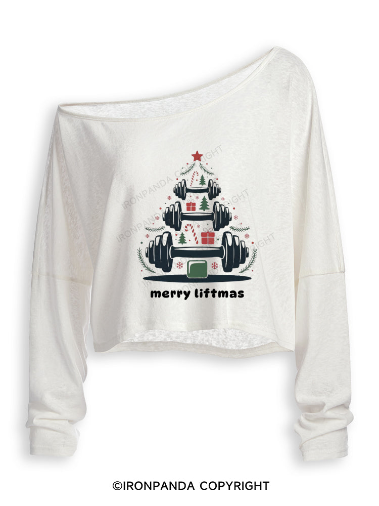Merry Liftmas Funny Christmas Gym Off Shoulder Long Sleeve Crop Top