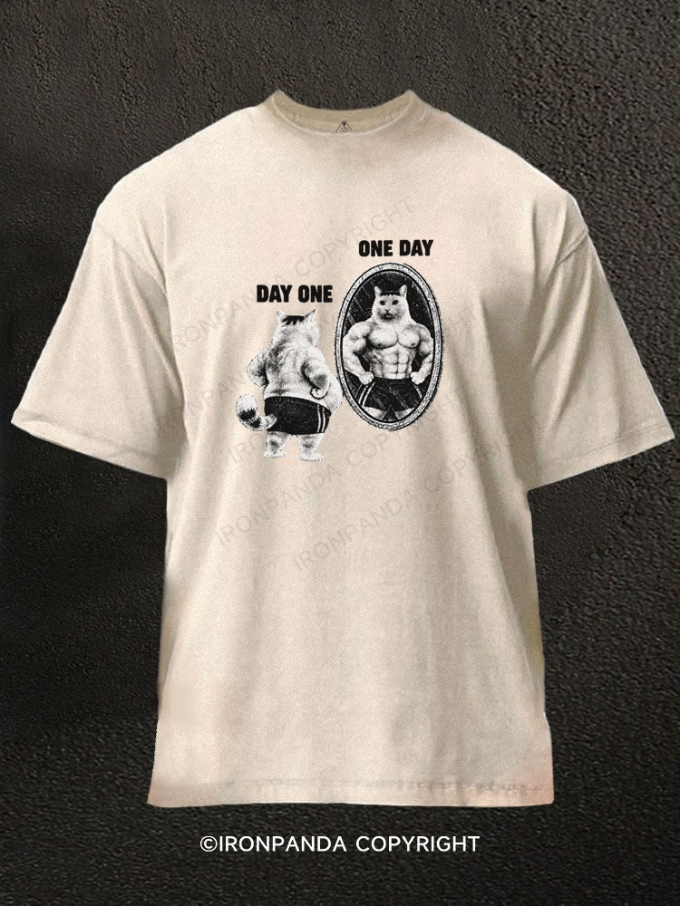 Day One to One Day Funny Cat Washed Gym Shirt