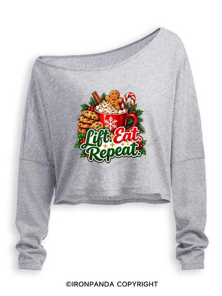 LIFT EAT REPEAT HOT COCOA & COOKIES Off Shoulder Long Sleeve Crop Top