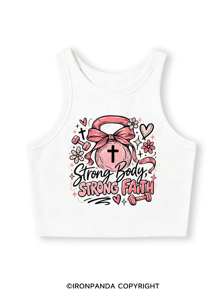 STRONG BODY, STRONG FAITH JESUS Fitted Crop Tank Top