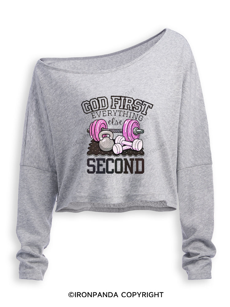GOD FIRST EVERYTHING ELSE SECOND Off Shoulder Long Sleeve Crop Top