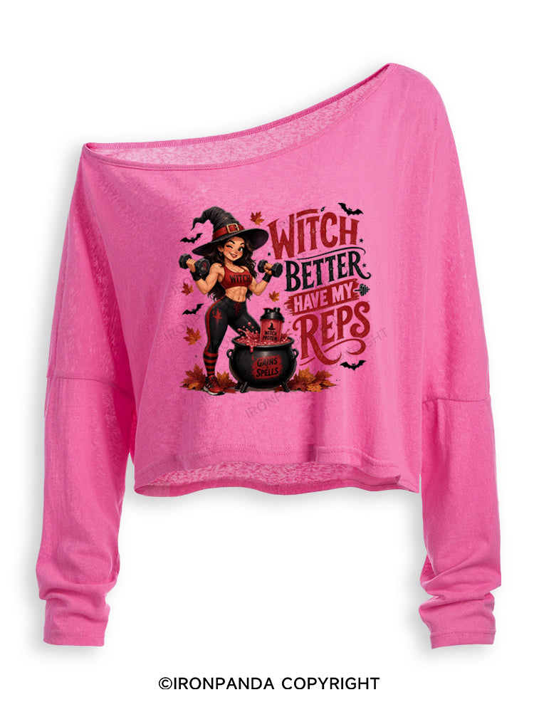 WITCH BETTER HAVE MY REPS HALLOWEEN Off Shoulder Long Sleeve Crop Top