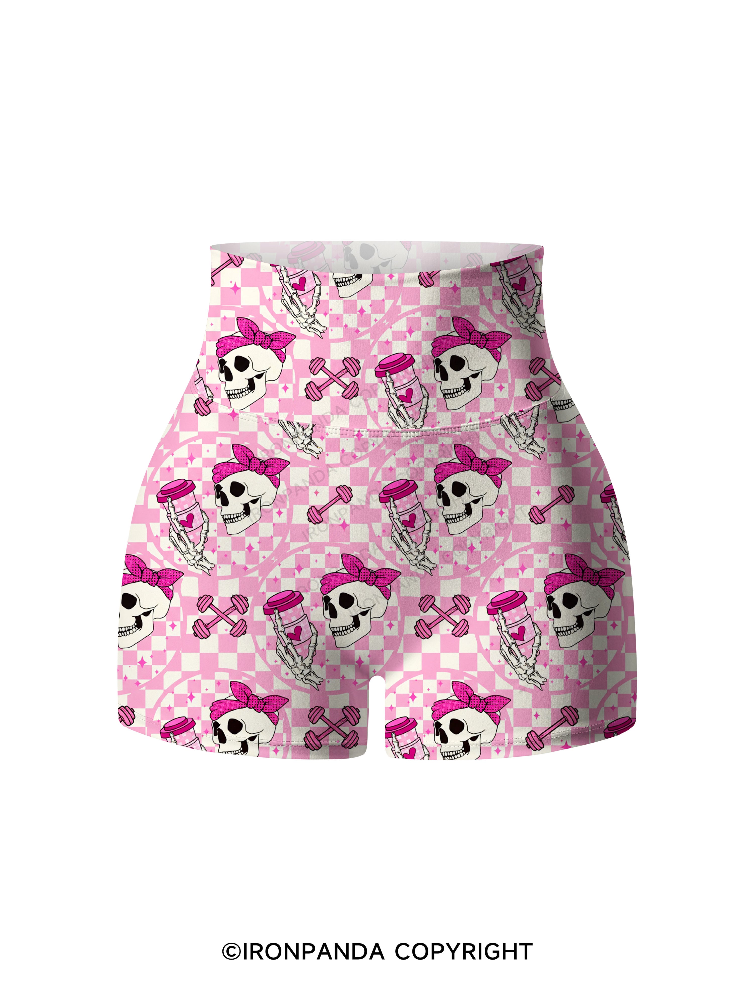 Pink Check Gym Skull Printed Yoga Shorts