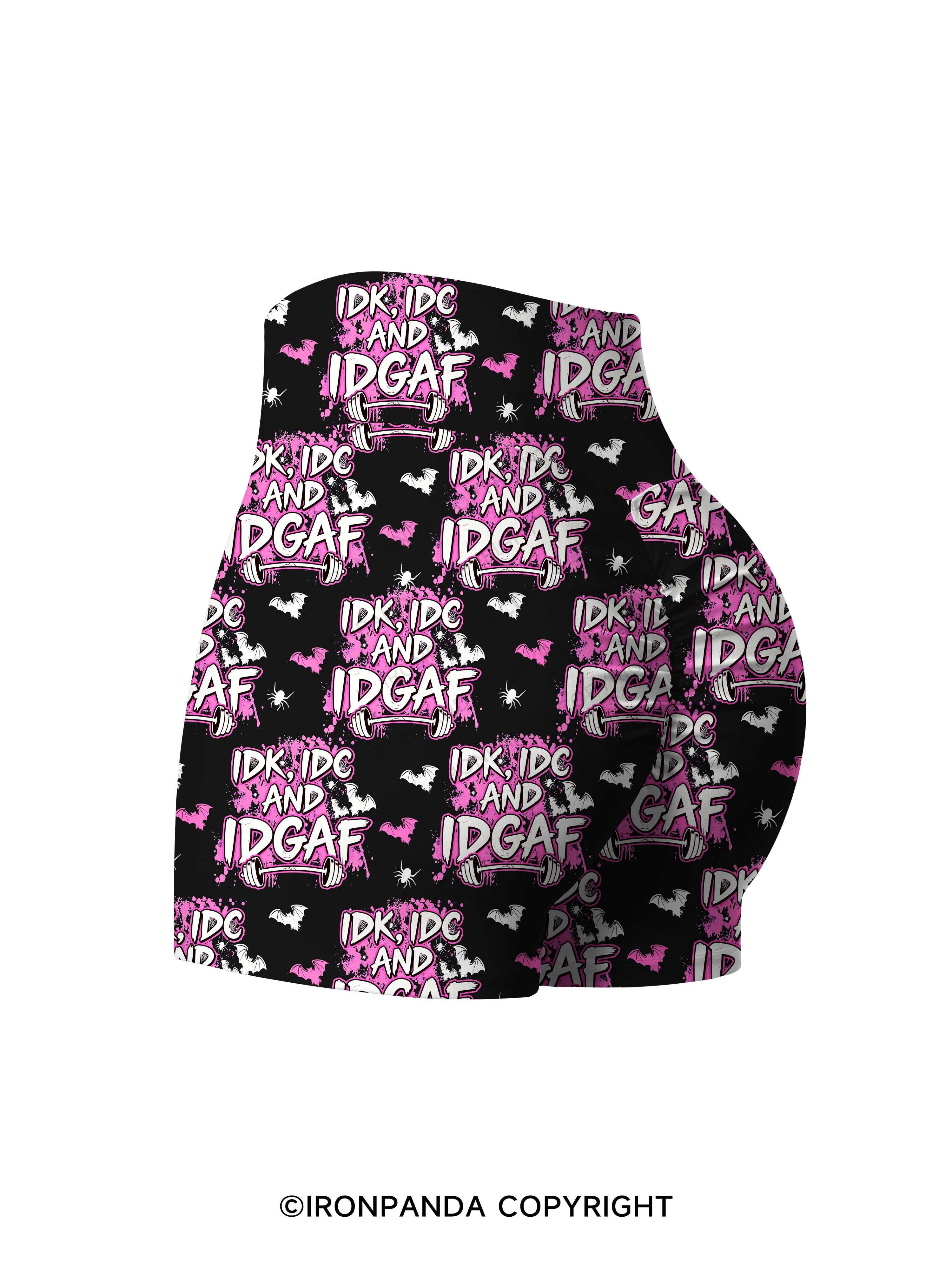 IDK, IDC AND IDGAF Printed Yoga Shorts