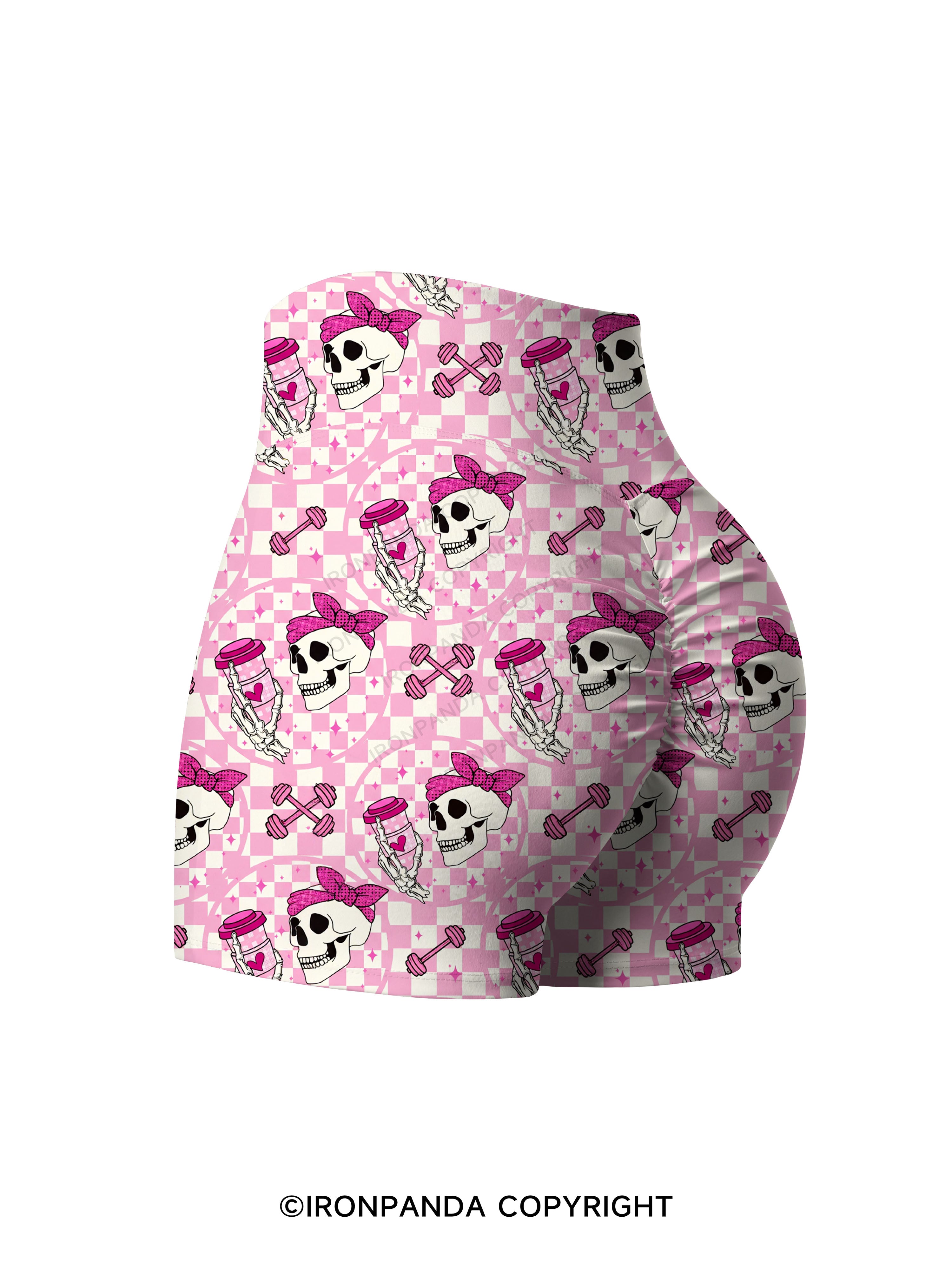 Pink Check Gym Skull Printed Yoga Shorts