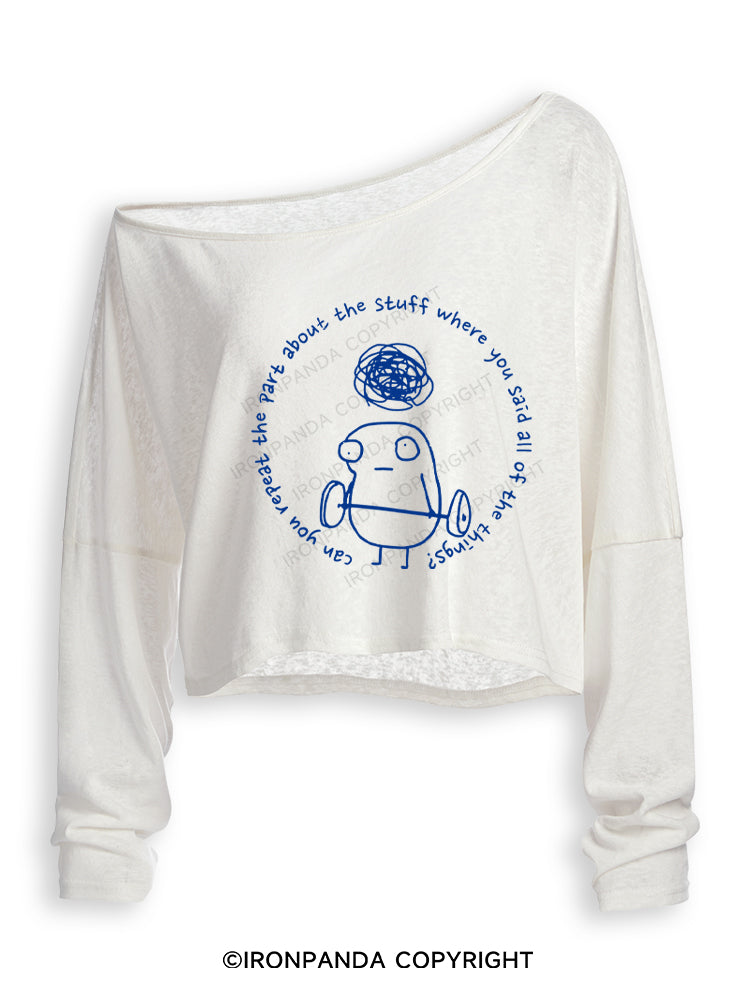 Can you repeat the part about the stuff where you said all of the things Off Shoulder Long Sleeve Crop Top