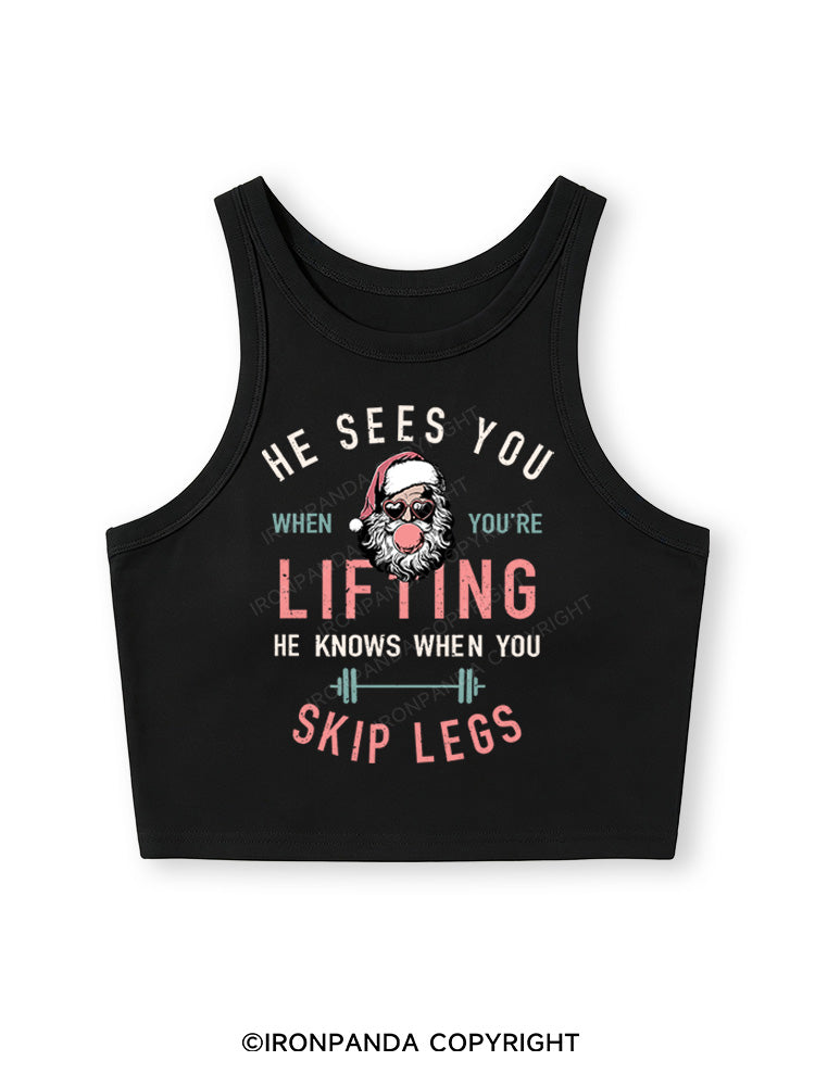 HE SEES YOU WHEN YOU'RE LIFTING Fitted Crop Tank Top
