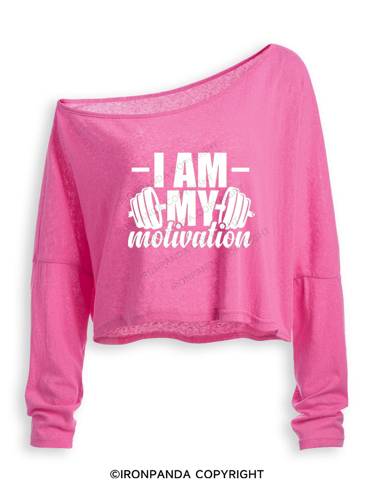 I AM MY MOTIVATION Off Shoulder Long Sleeve Crop Top