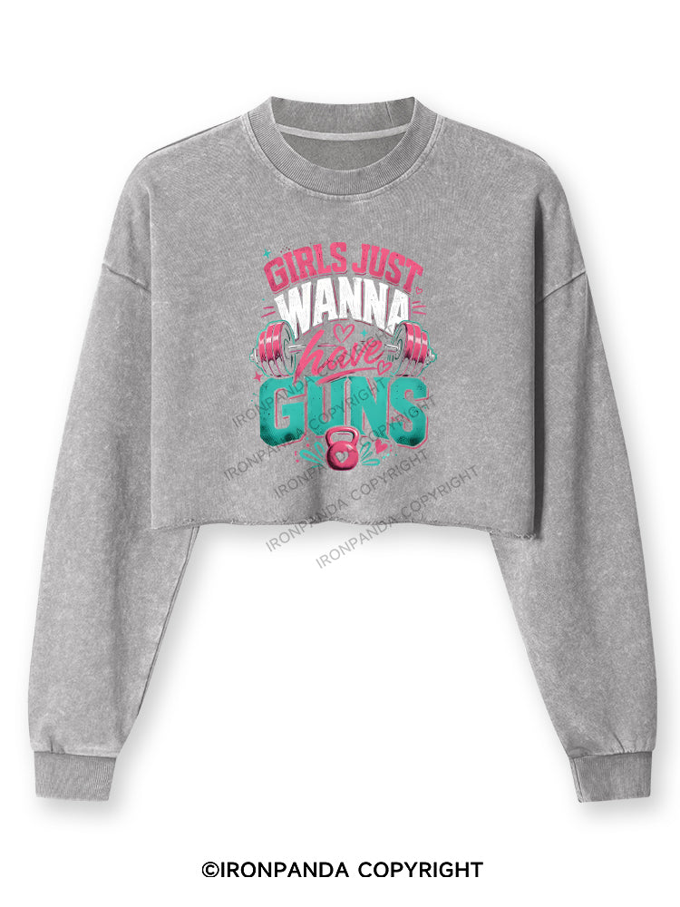 GIRLS JUST WANNA HAVE GUNS WORKOUT Washed Long-Sleeve Crop Top