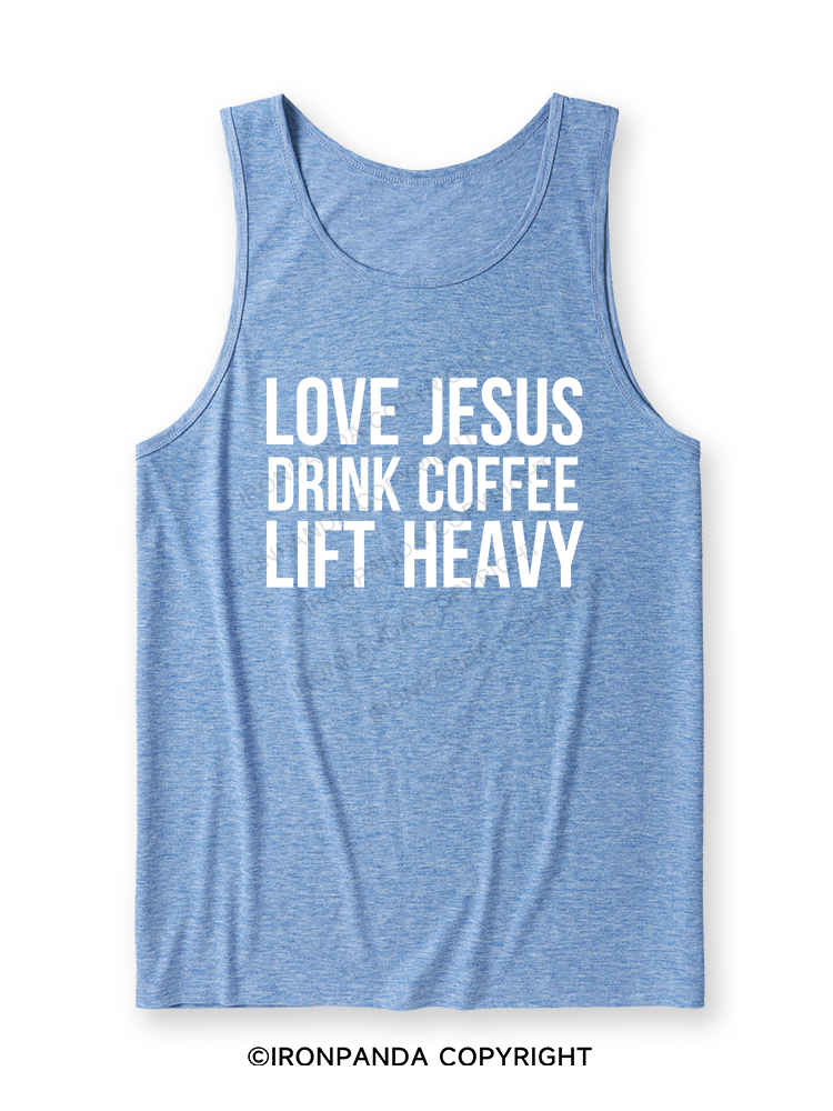 LOVE JESUS DRINK COFFEE LIFT HEAVY Ultra Soft Heather Tank