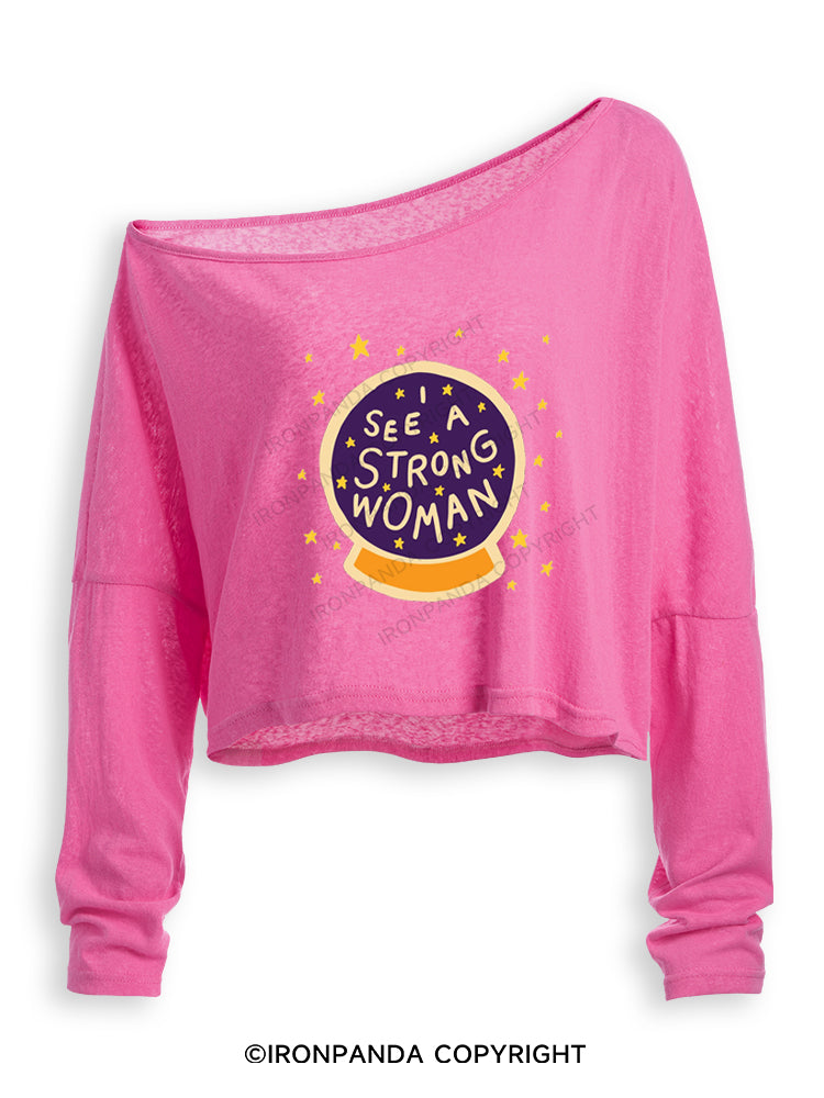 I see a strong woman Crystal Ball Off Shoulder Long Sleeve Crop Top